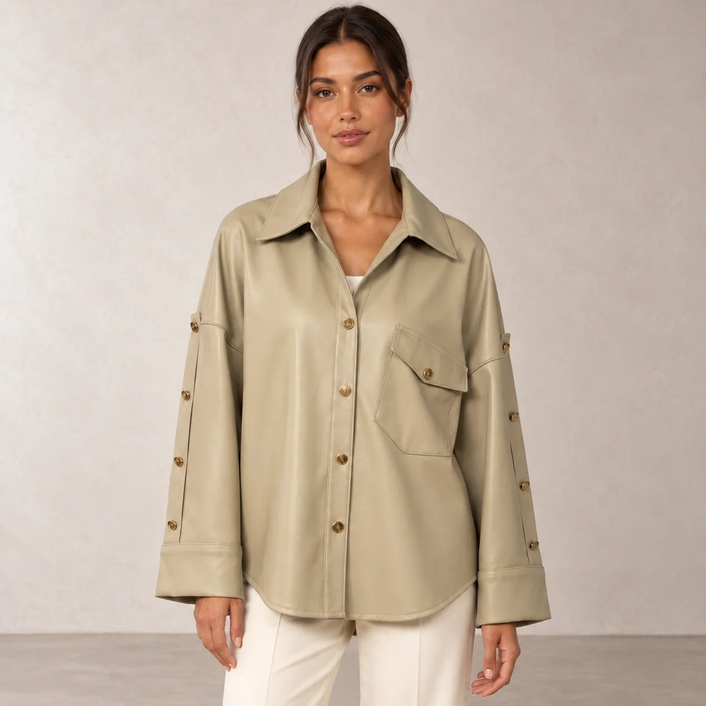 Button Sleeve Leather Shirt Jacket in Cumin — ONE MORE