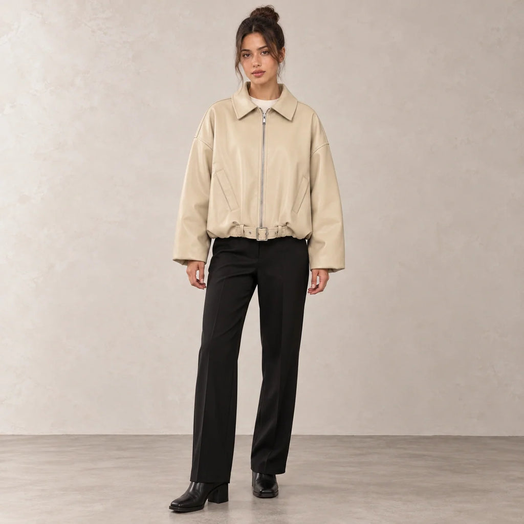 Belted Hem Leather Bomber in Beige — ONE MORE