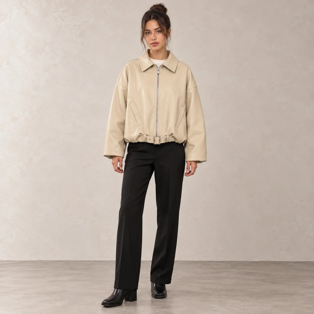 Belted Hem Leather Bomber in Beige — ONE MORE