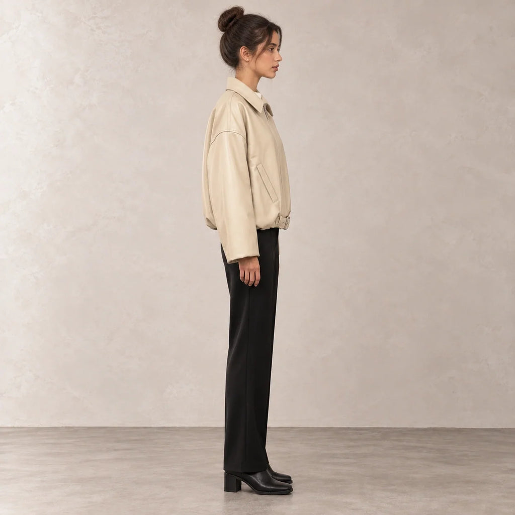 Belted Hem Leather Bomber in Beige — ONE MORE