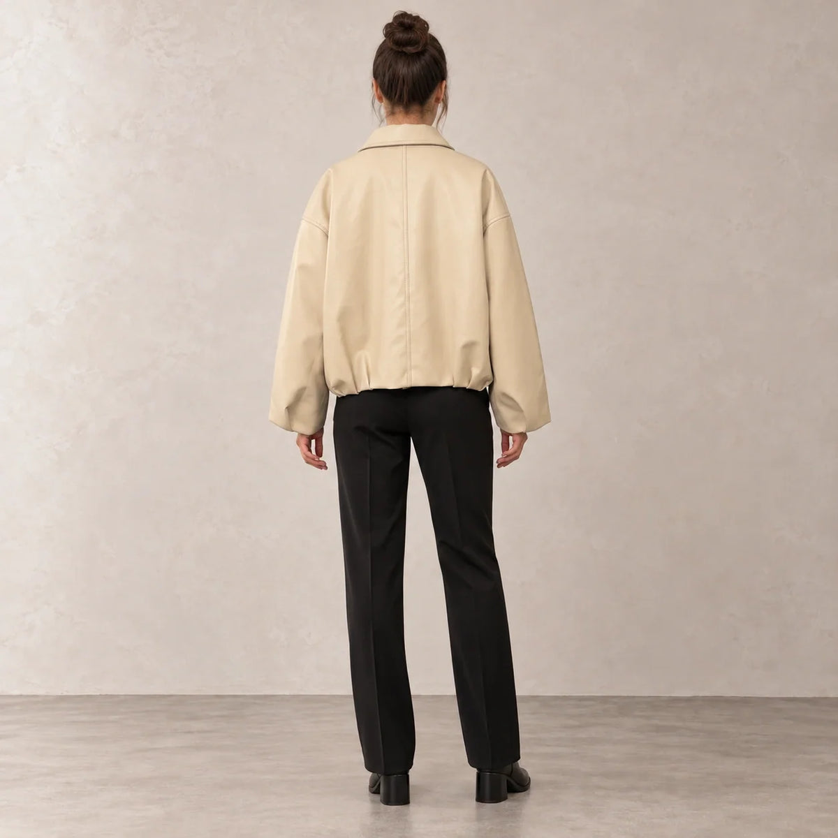 Belted Hem Leather Bomber in Beige — ONE MORE