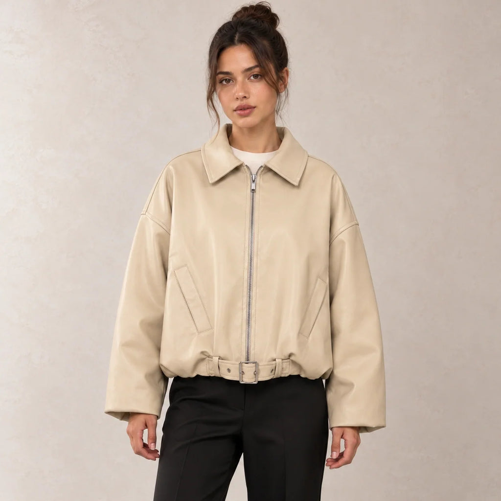 Belted Hem Leather Bomber in Beige — ONE MORE