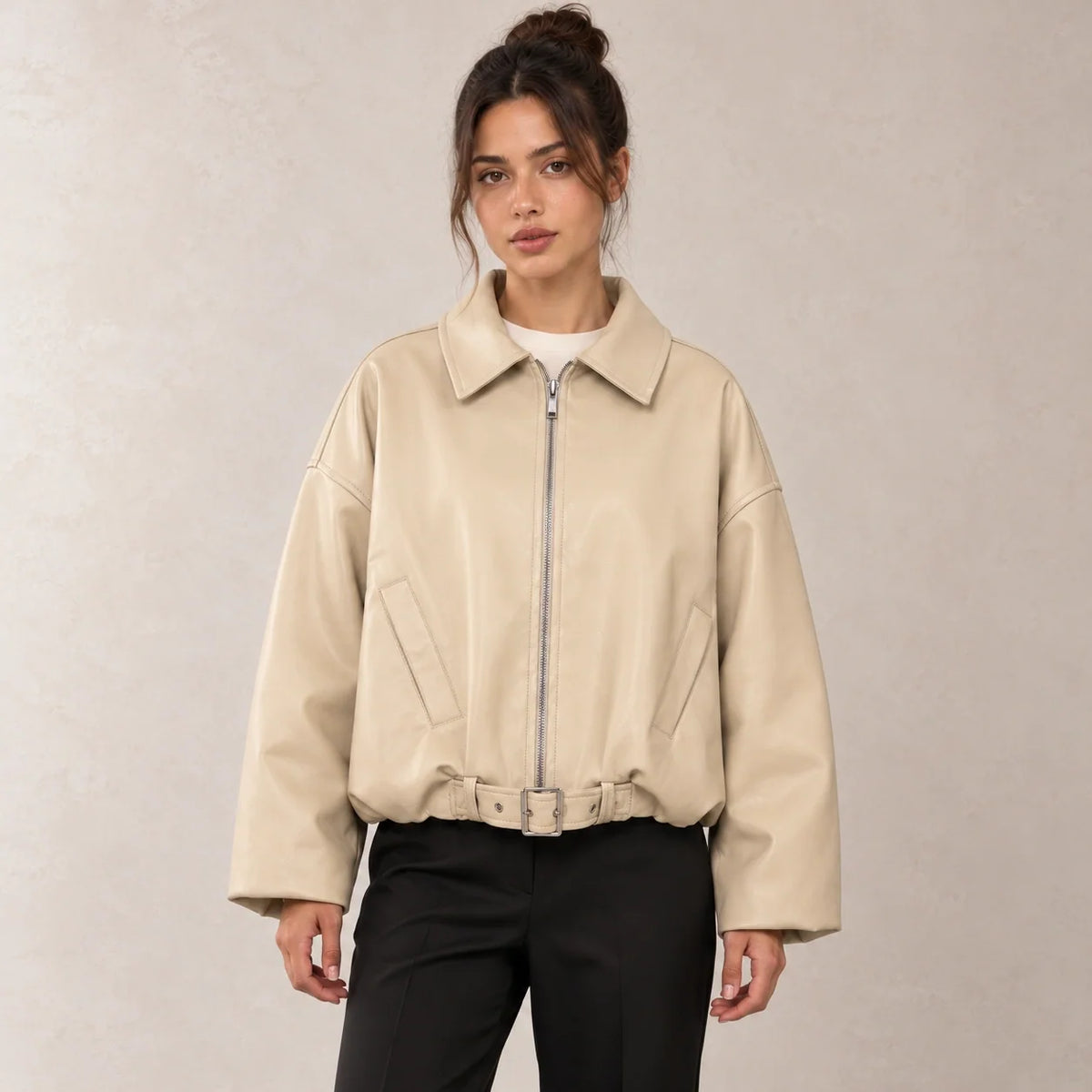 Belted Hem Leather Bomber in Beige — ONE MORE