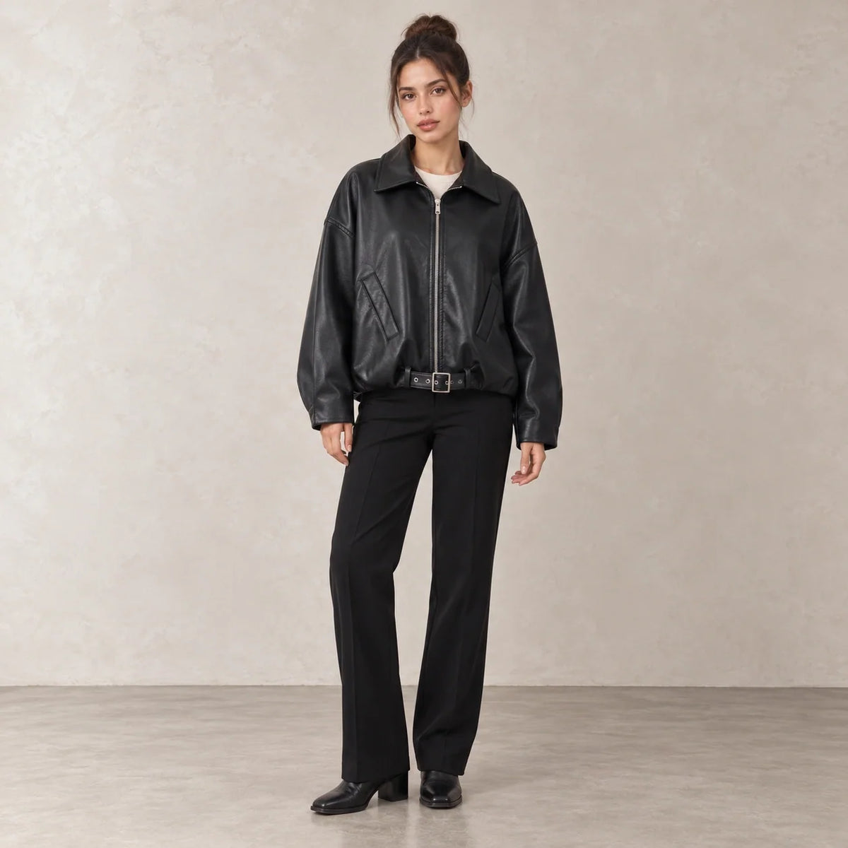 Belted Hem Leather Bomber in Black — ONE MORE