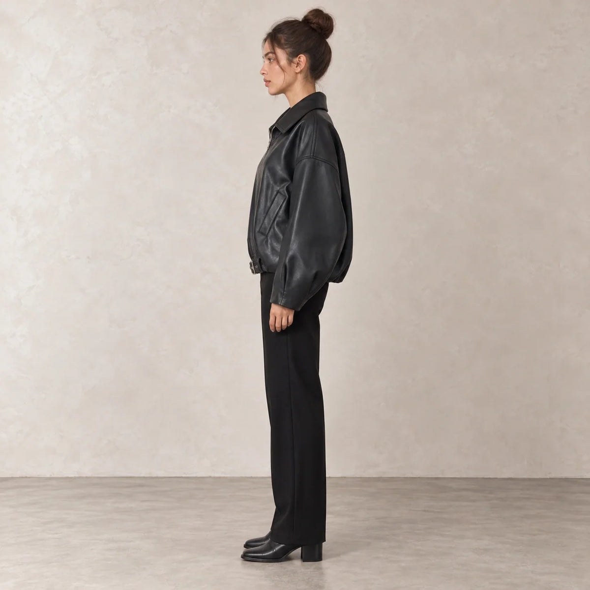 Belted Hem Leather Bomber in Black — ONE MORE