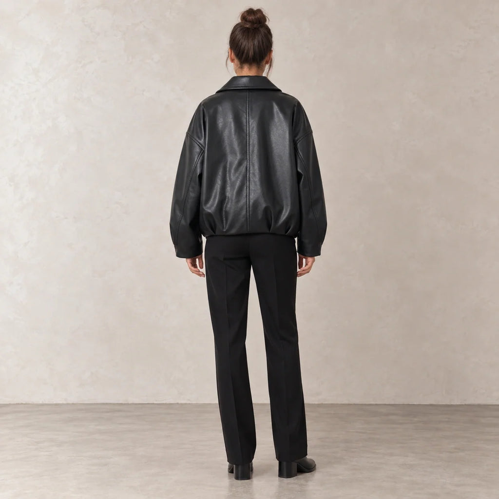 Belted Hem Leather Bomber in Black — ONE MORE