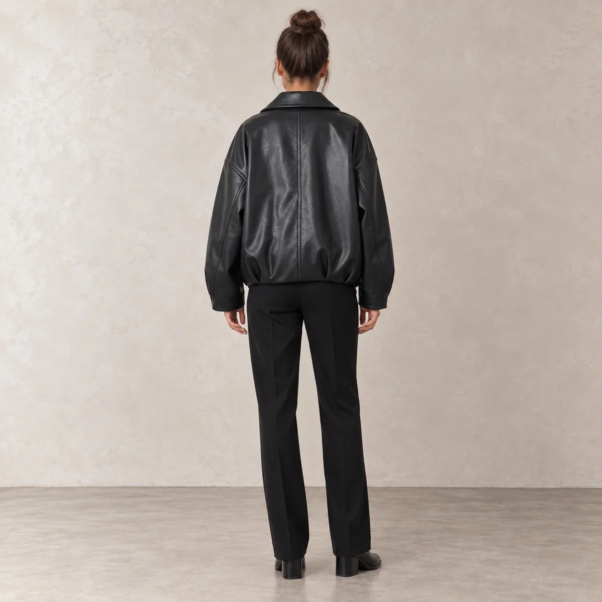 Belted Hem Leather Bomber in Black — ONE MORE