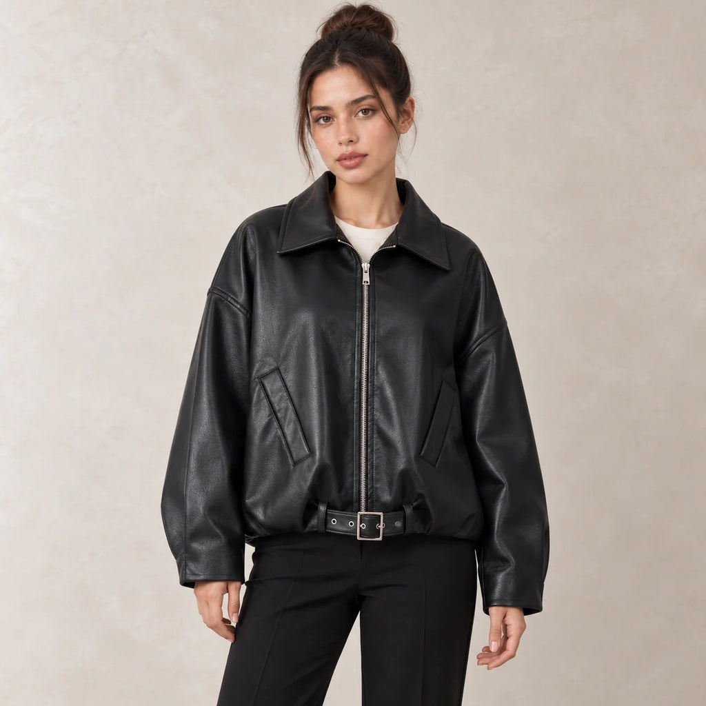 Belted Hem Leather Bomber in Black — ONE MORE