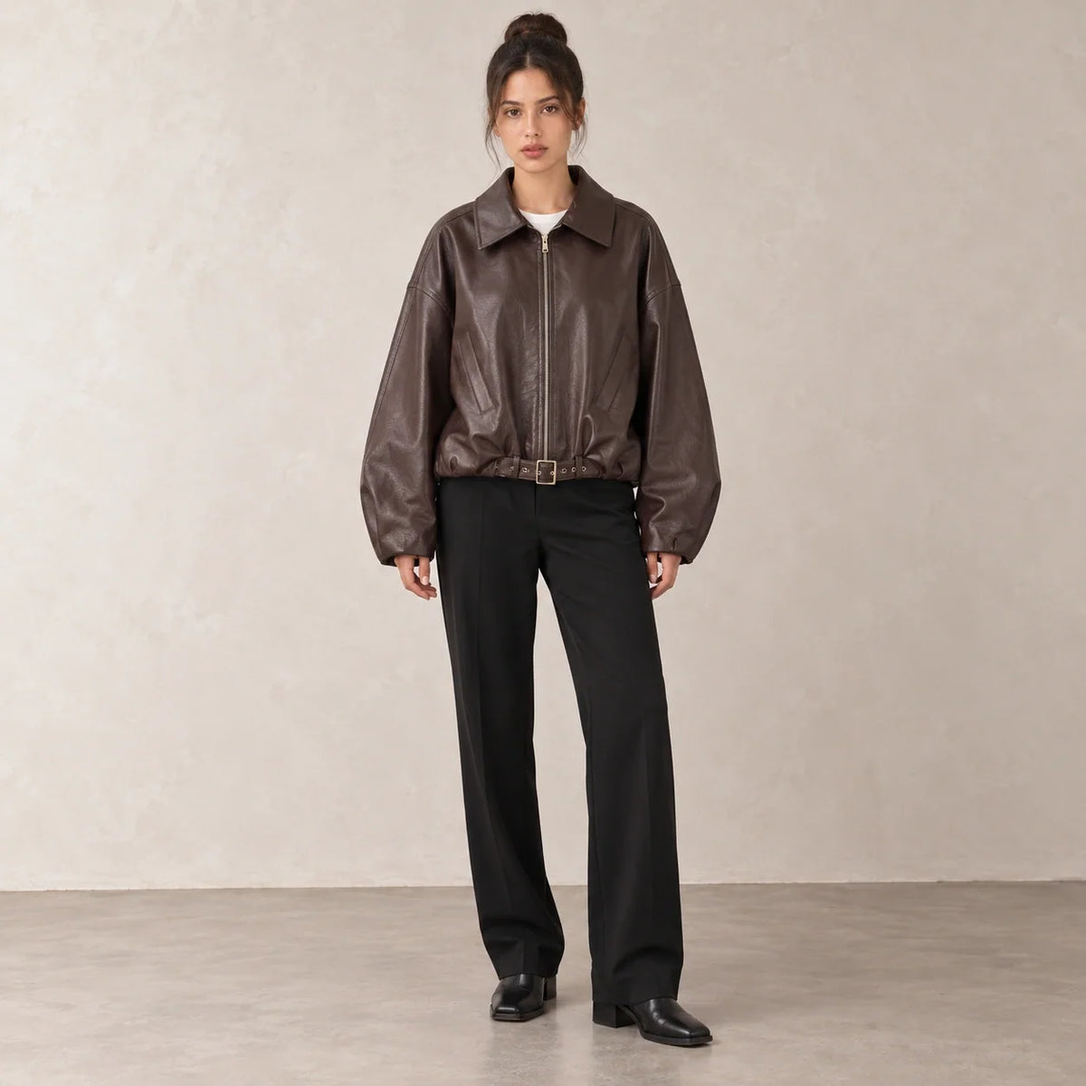 Belted Hem Leather Bomber in Brown — ONE MORE