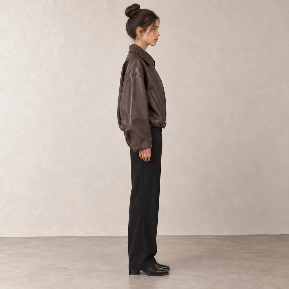 Belted Hem Leather Bomber in Brown — ONE MORE