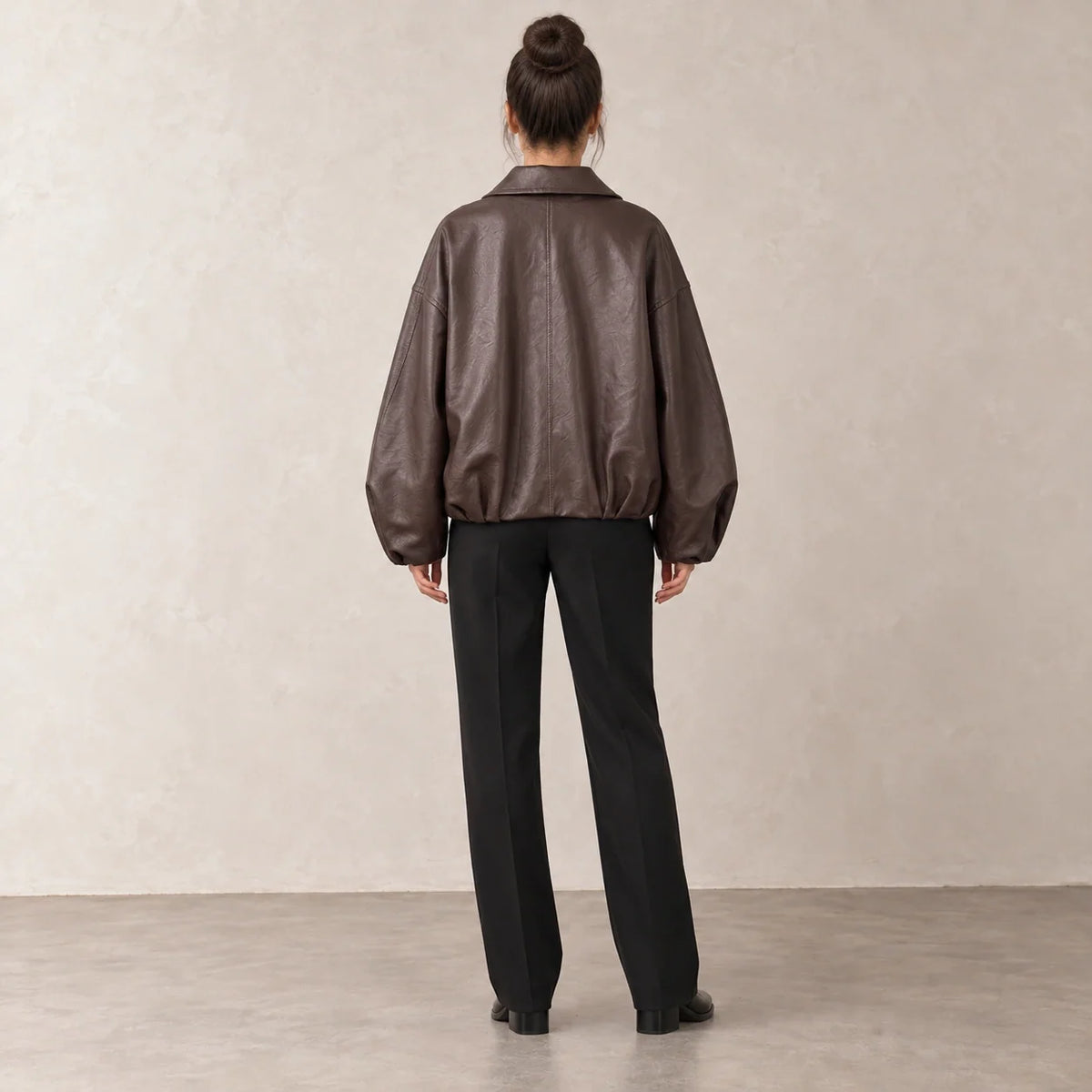 Belted Hem Leather Bomber in Brown — ONE MORE