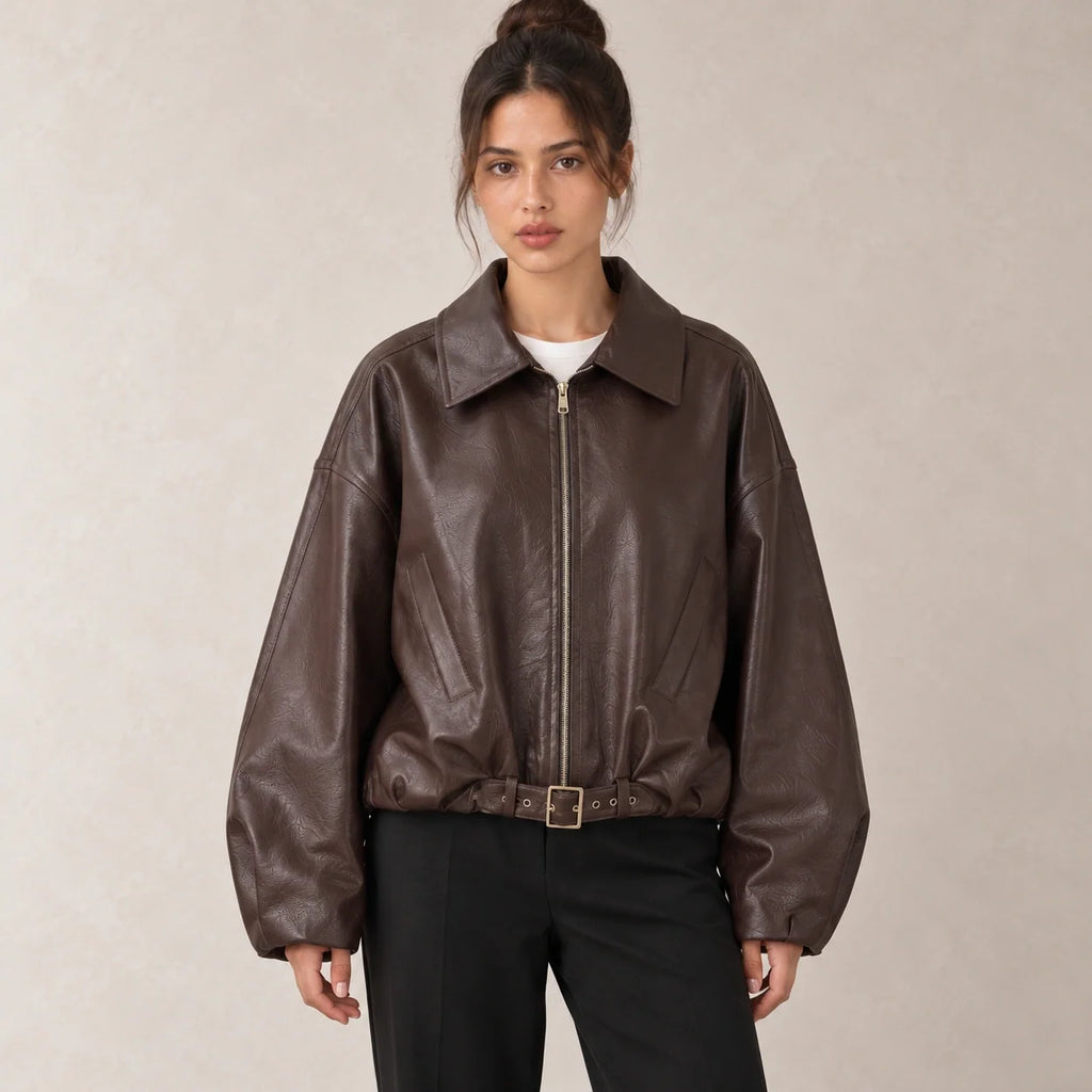 Belted Hem Leather Bomber in Brown — ONE MORE