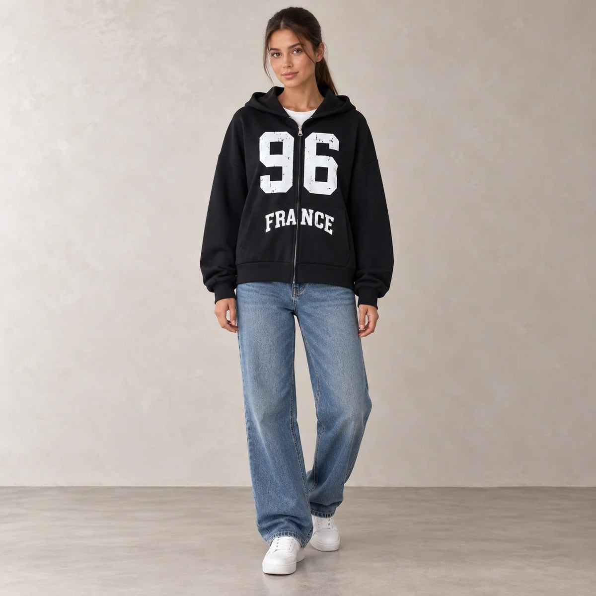 96 France Zip-Up Hoodie in Black — ONE MORE