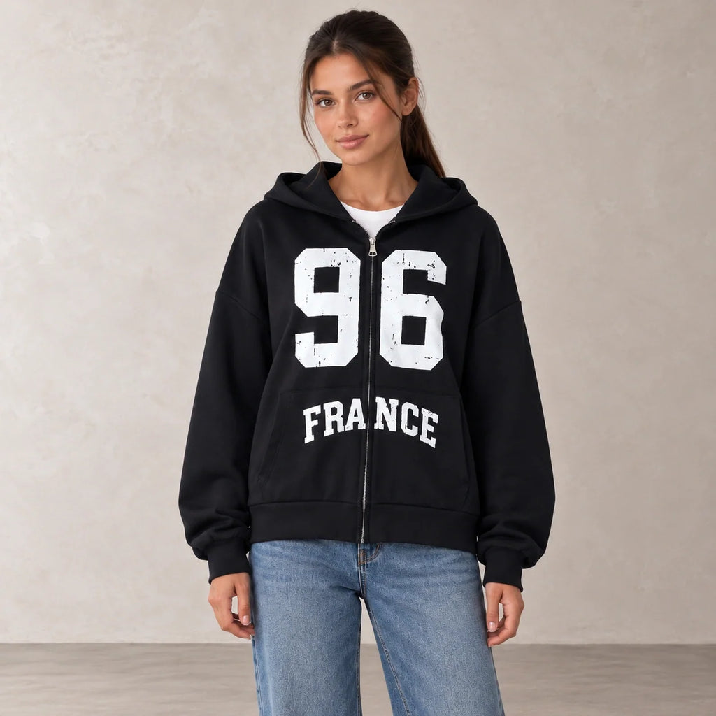96 France Zip-Up Hoodie in Black — ONE MORE