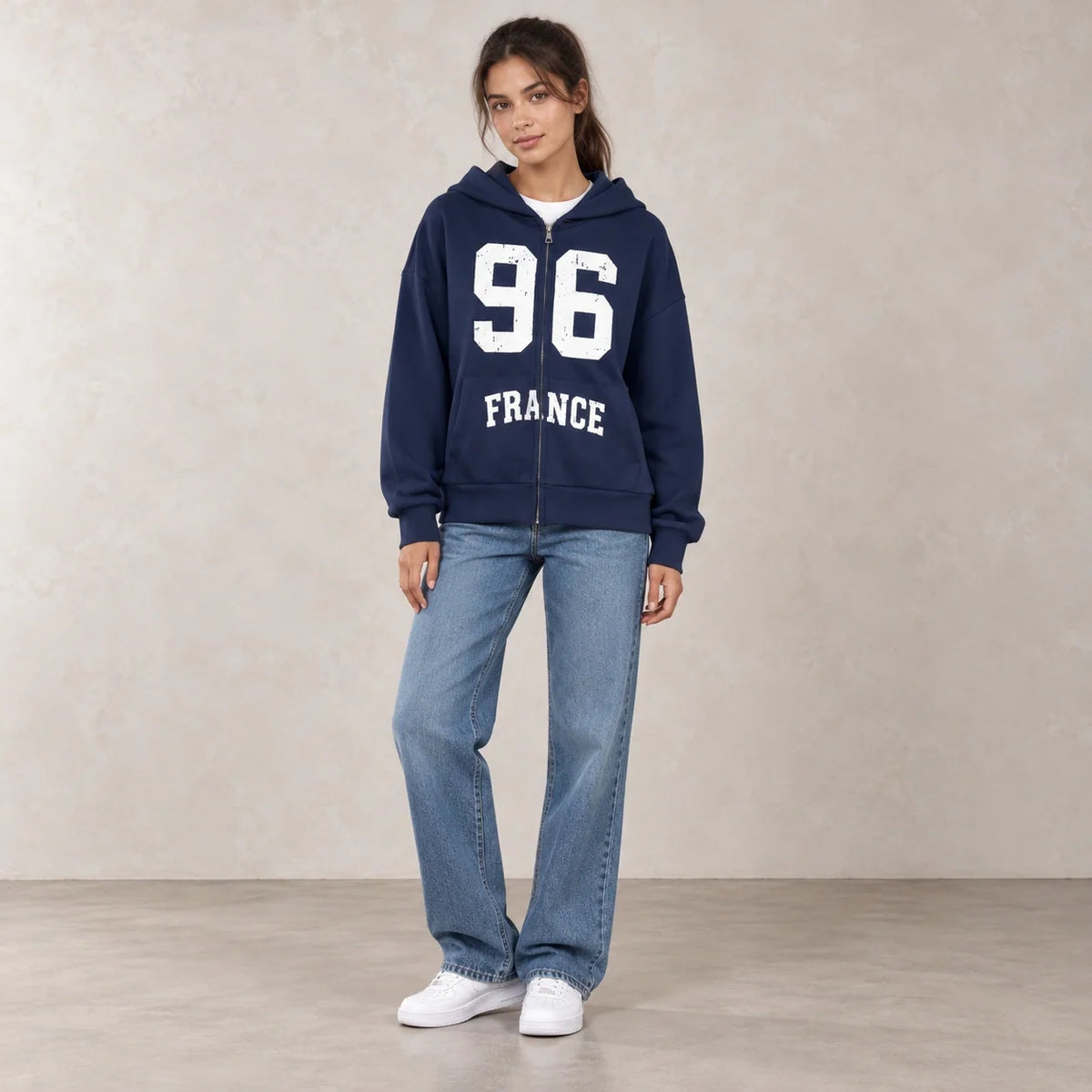 96 France Zip-Up Hoodie in Navy — ONE MORE