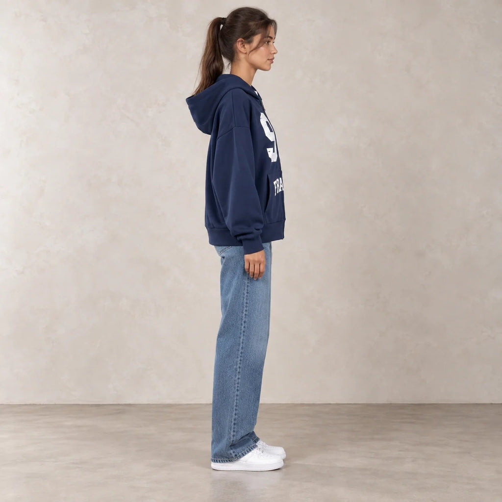 96 France Zip-Up Hoodie in Navy — ONE MORE