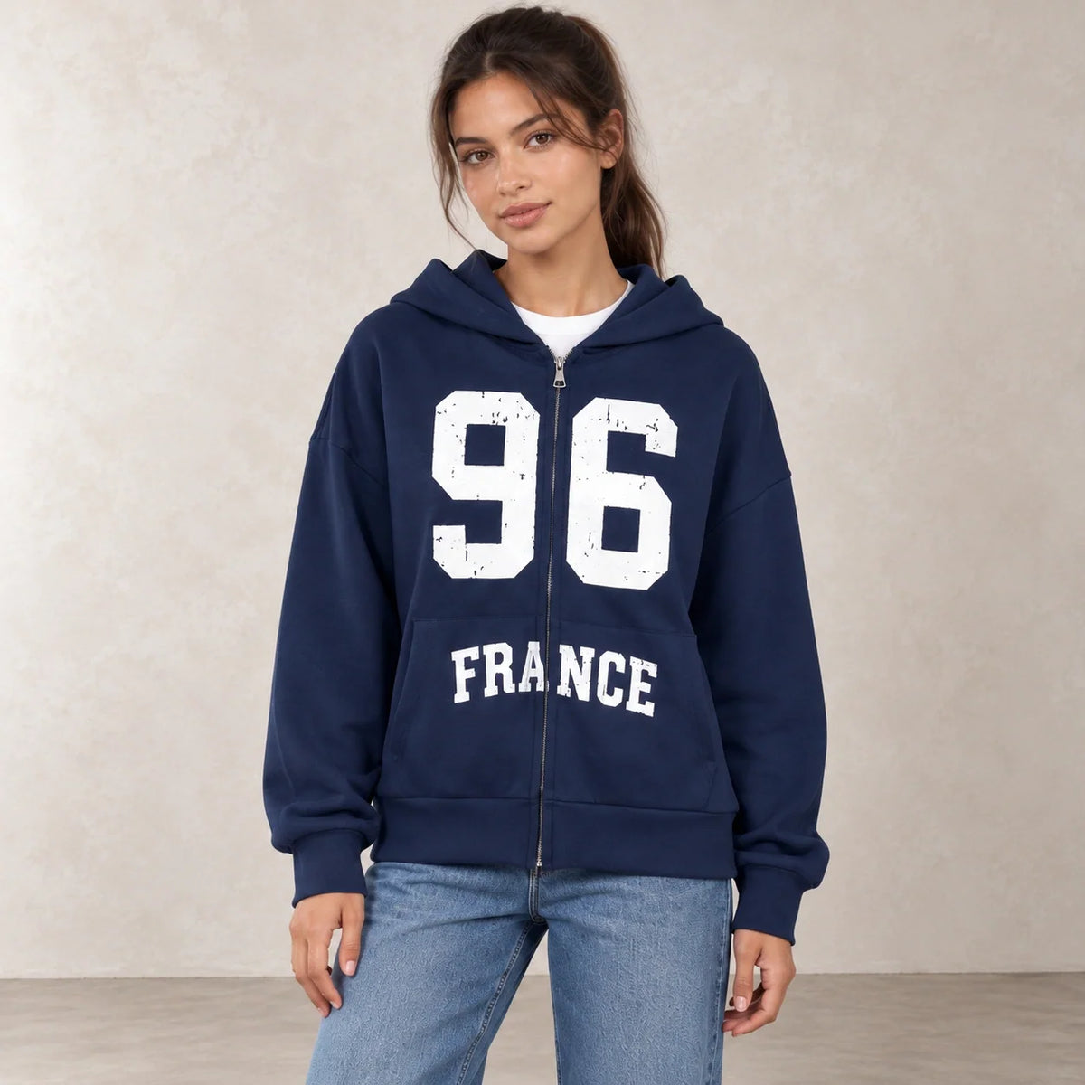 96 France Zip-Up Hoodie in Navy — ONE MORE