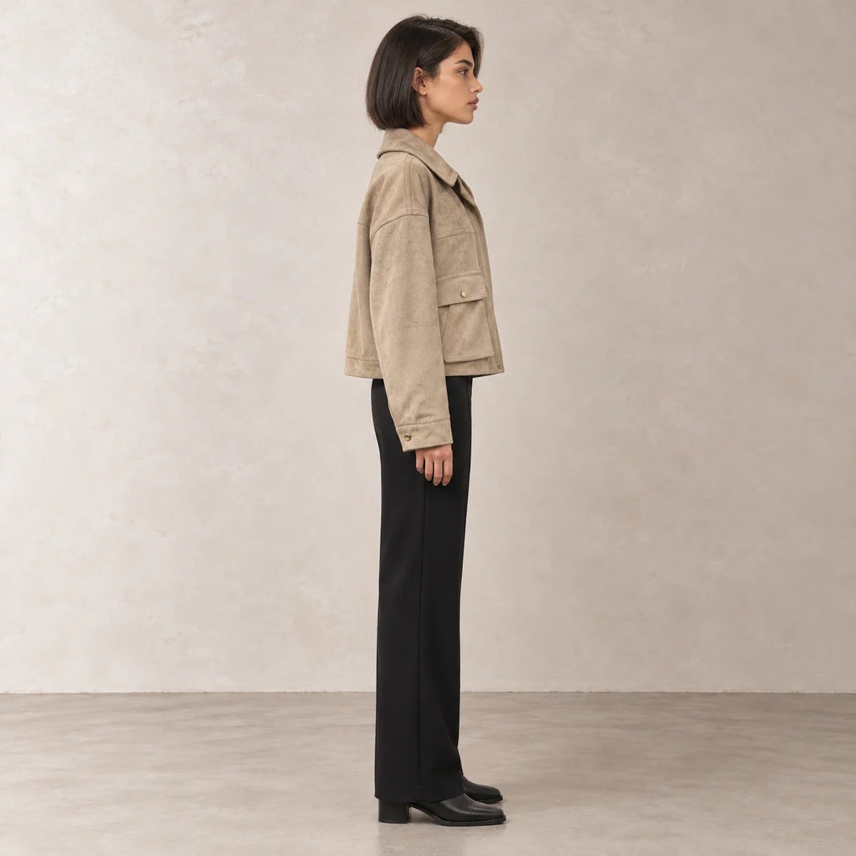 Suede Flap Pocket Jacket in Beige — ONE MORE