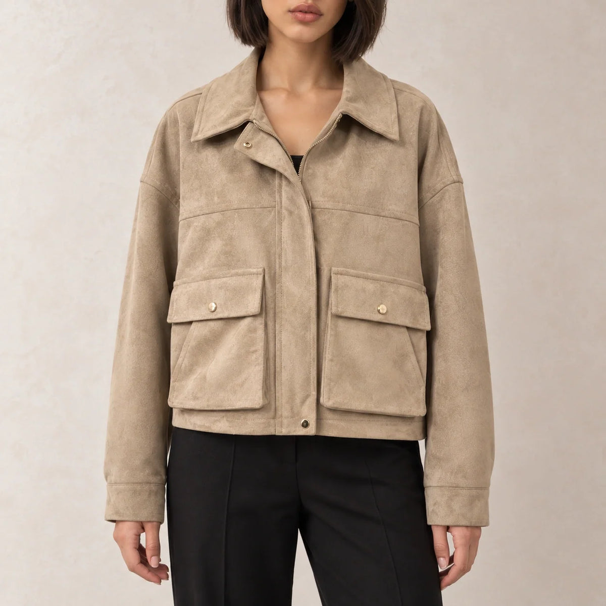 Suede Flap Pocket Jacket in Beige — ONE MORE