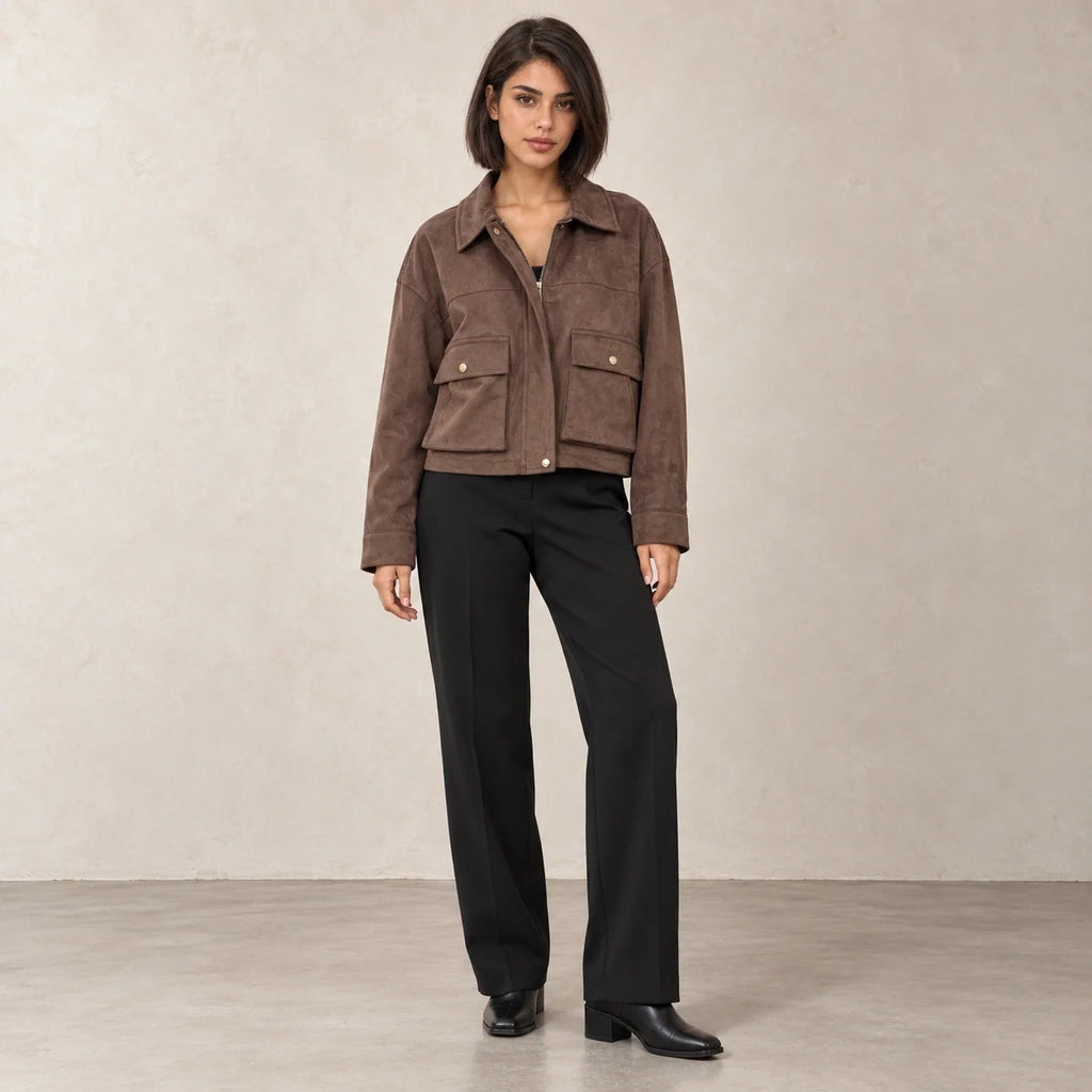 Suede Flap Pocket Jacket in Dark Brown — ONE MORE