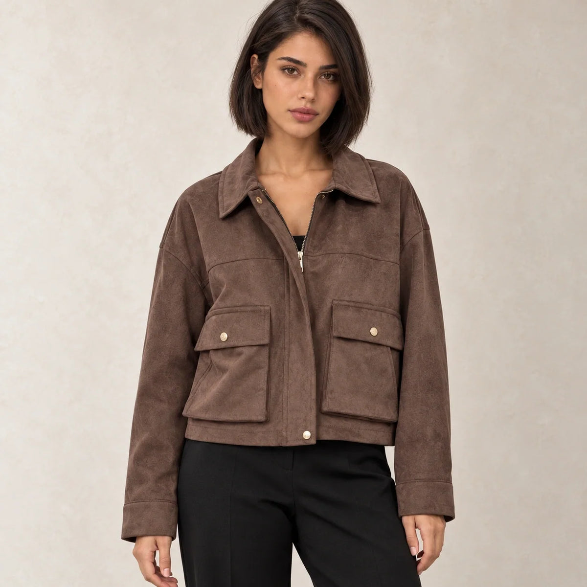 Suede Flap Pocket Jacket in Dark Brown — ONE MORE