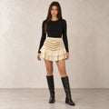 Suede Tiered Ruffle Mini Skirt in Beige — ONE MORE