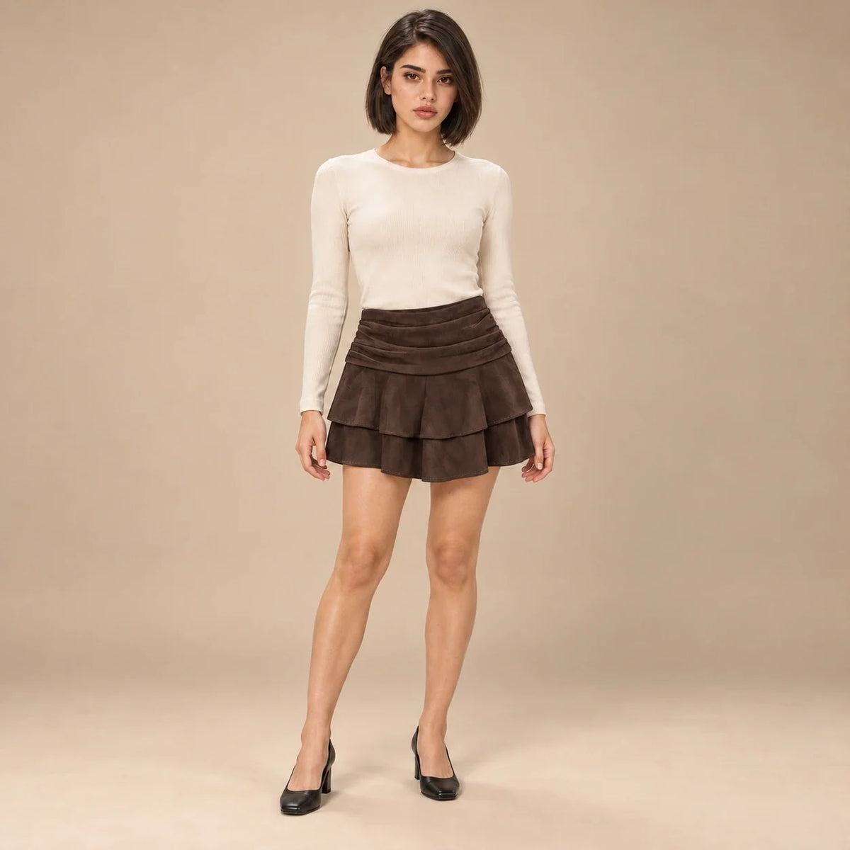 Suede Tiered Ruffle Mini Skirt in Brown — ONE MORE