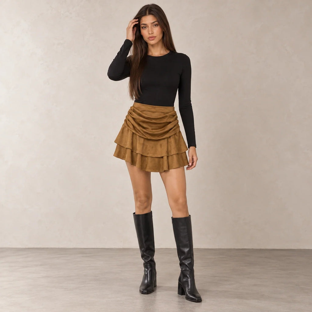 Suede Tiered Ruffle Mini Skirt in Camel — ONE MORE