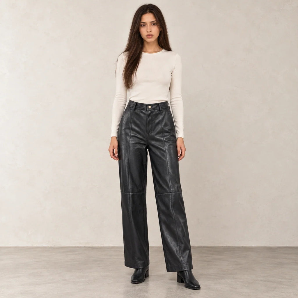 Leather Straight-Leg Trousers in Black — ONE MORE