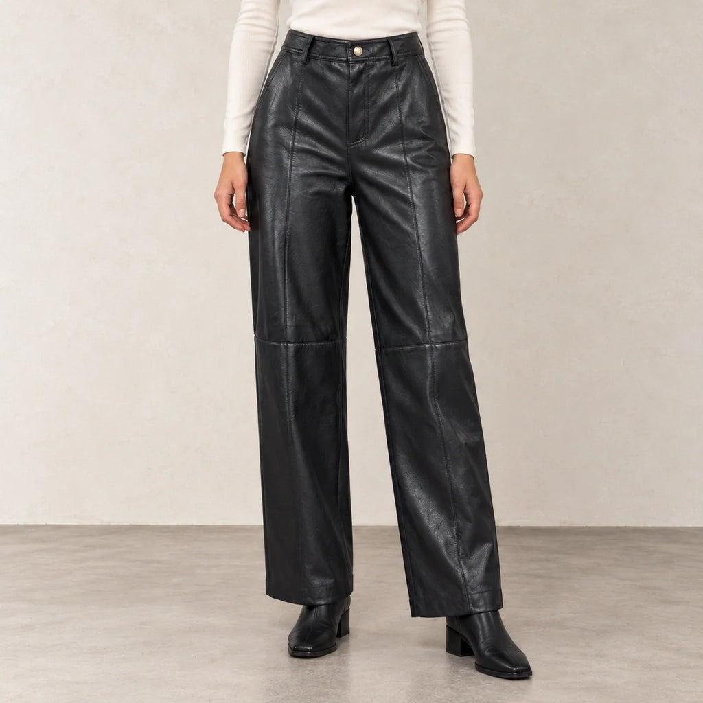 Leather Straight-Leg Trousers in Black — ONE MORE