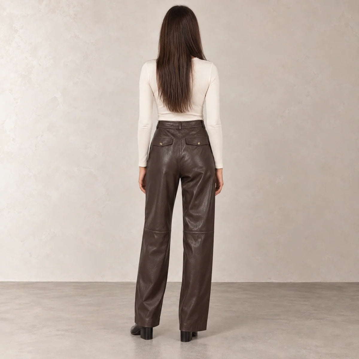 Leather Straight-Leg Trousers in Brown — ONE MORE