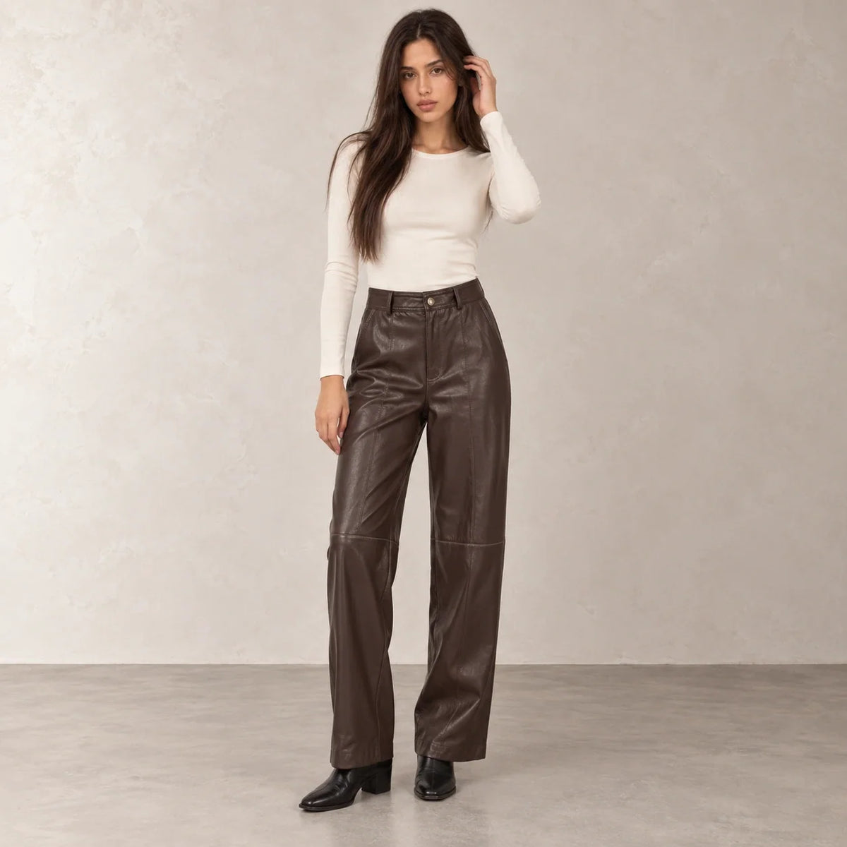 Leather Straight-Leg Trousers in Brown — ONE MORE
