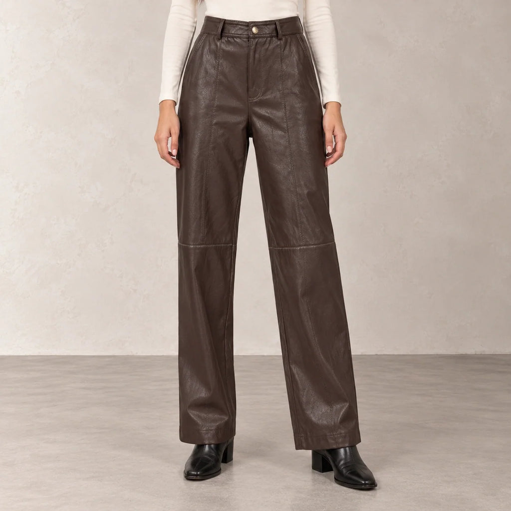 Leather Straight-Leg Trousers in Brown — ONE MORE