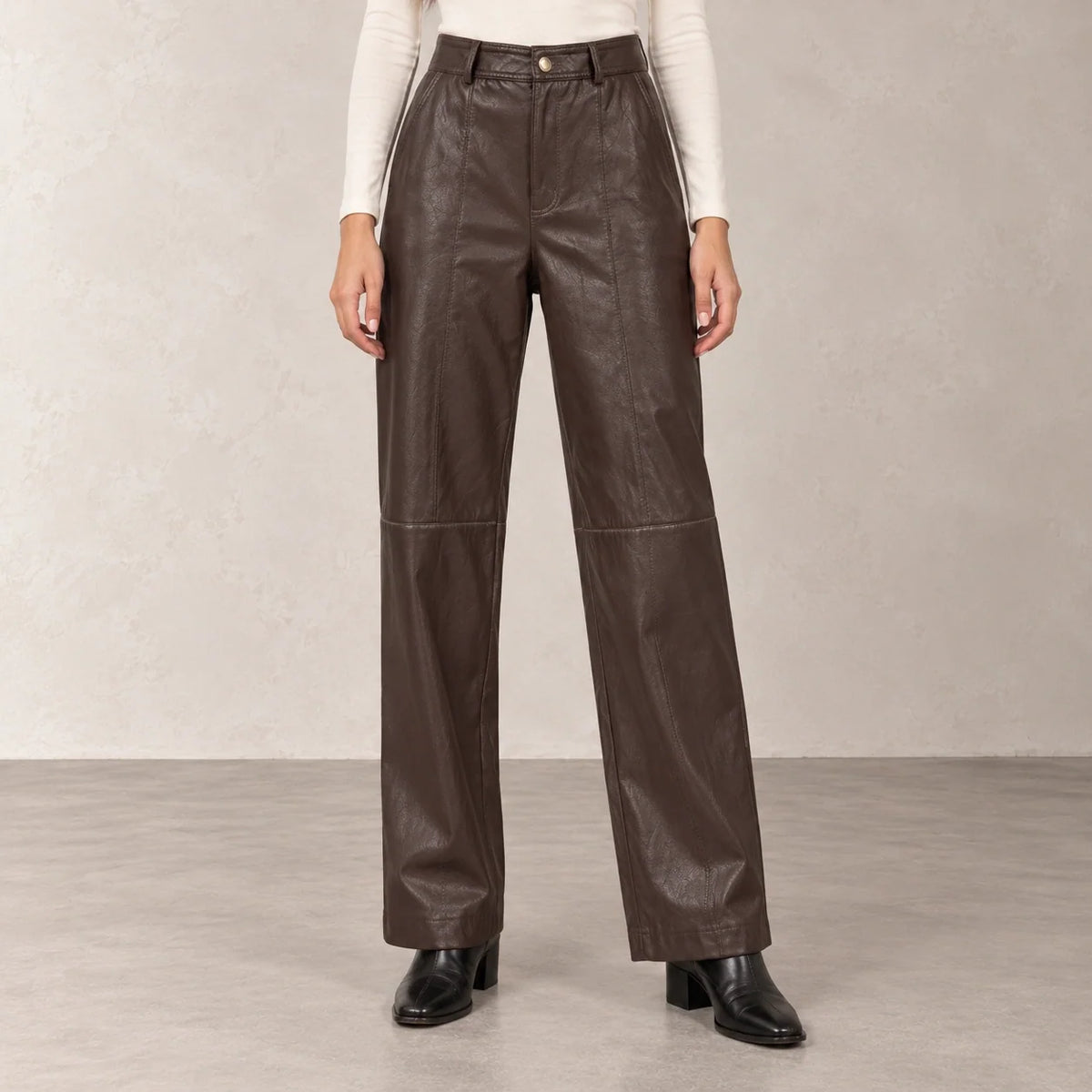 Leather Straight-Leg Trousers in Brown — ONE MORE