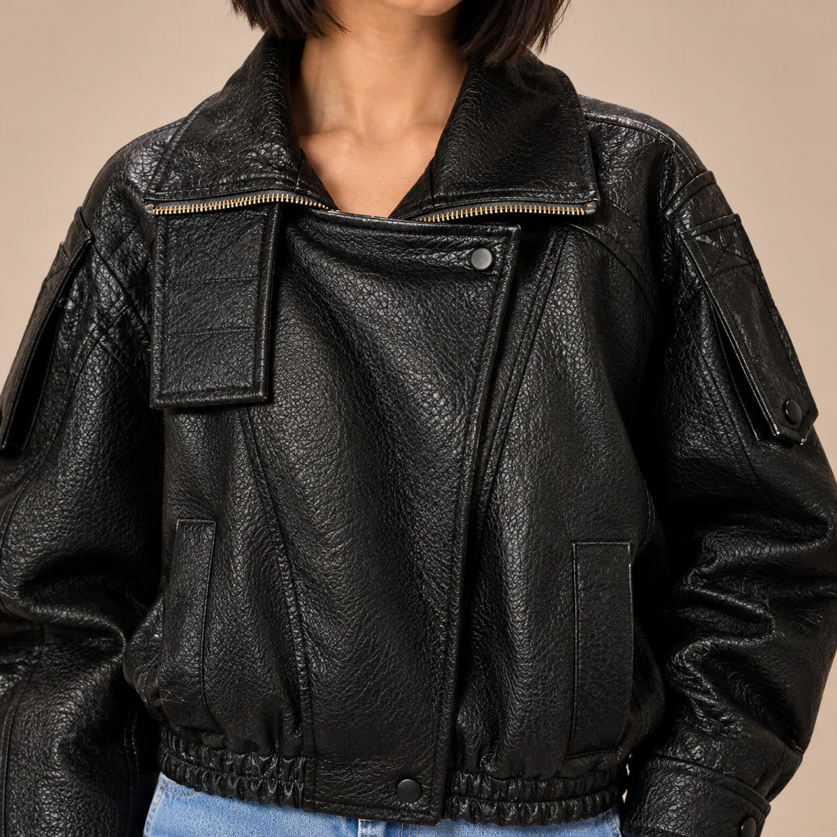 Textured Leather Bomber Jacket in Black — ONE MORE