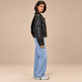 Textured Leather Bomber Jacket in Black — ONE MORE