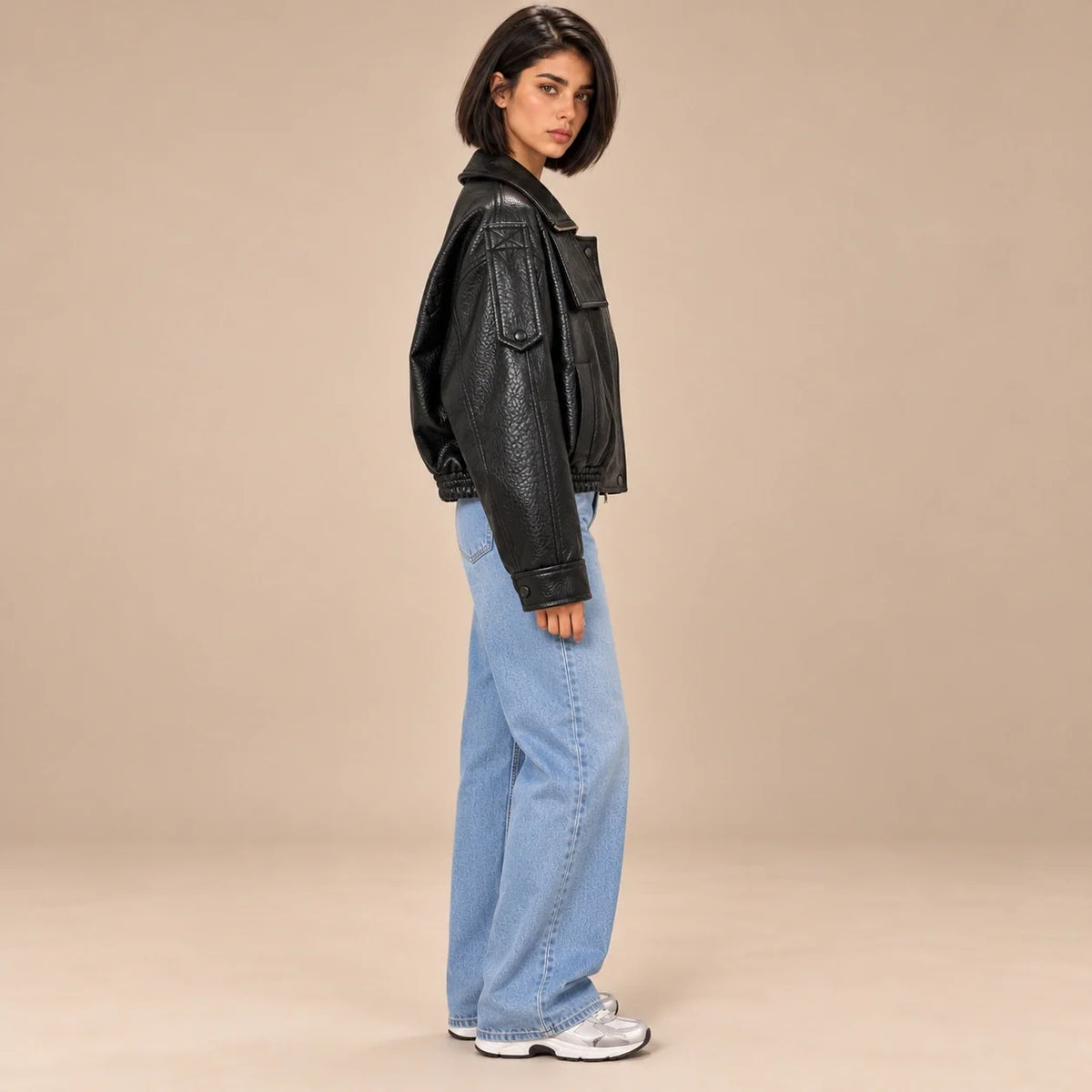 Textured Leather Bomber Jacket in Black — ONE MORE