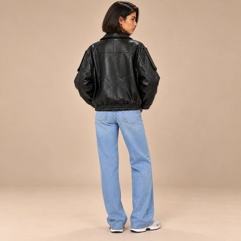 Textured Leather Bomber Jacket in Black — ONE MORE