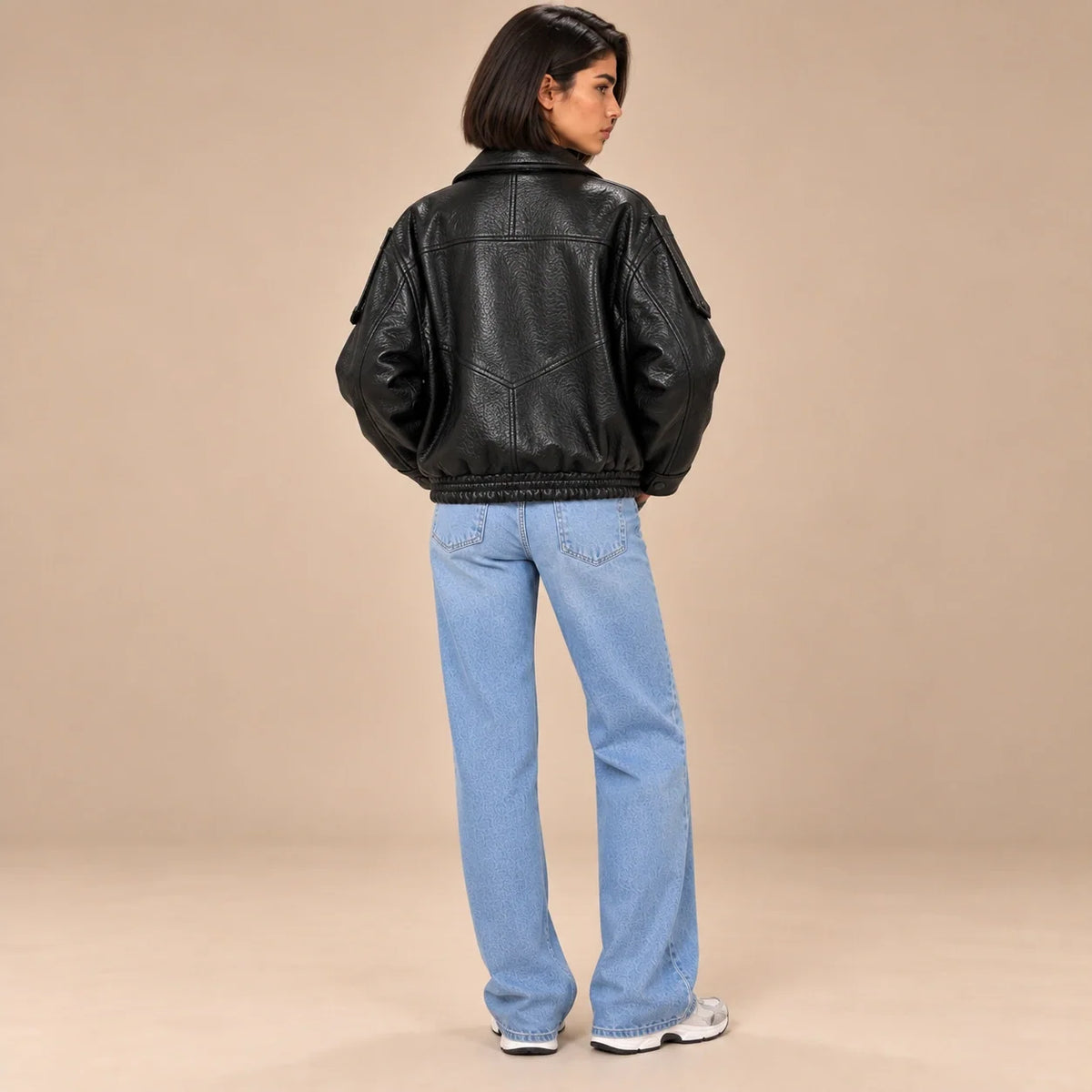 Textured Leather Bomber Jacket in Black — ONE MORE