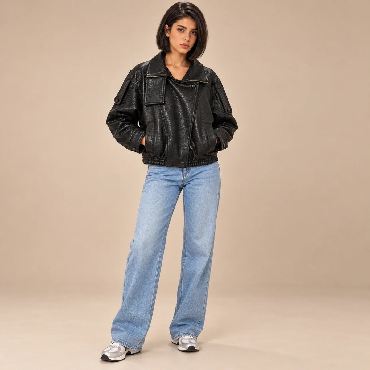 Textured Leather Bomber Jacket in Black — ONE MORE