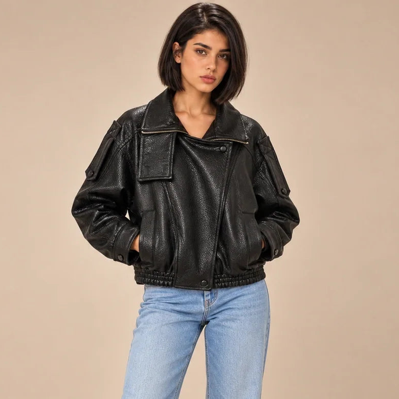 Textured Leather Bomber Jacket