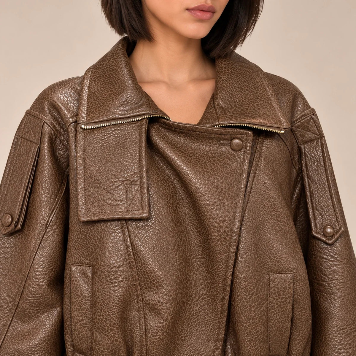 Textured Leather Bomber Jacket in Brown — ONE MORE