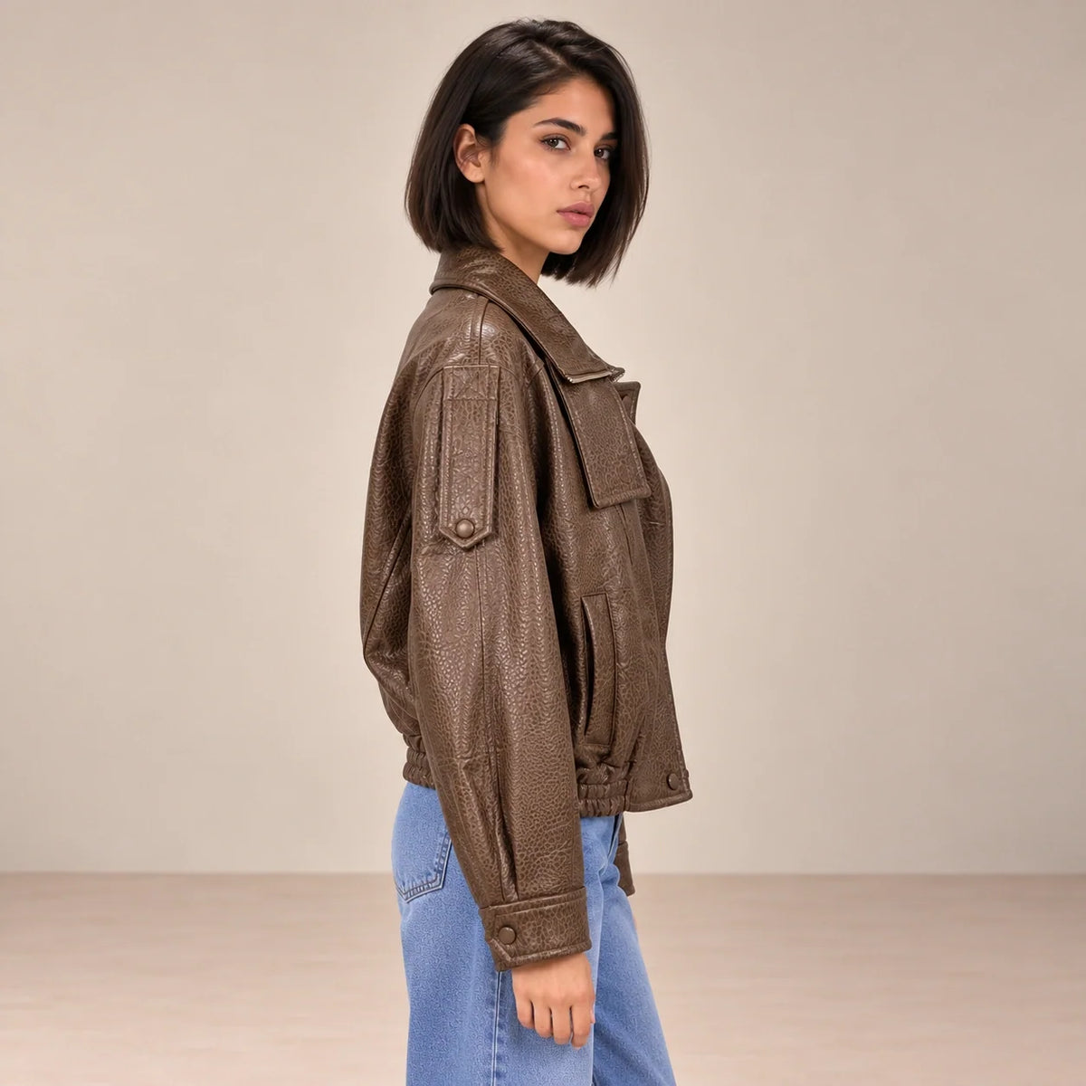 Textured Leather Bomber Jacket in Brown — ONE MORE