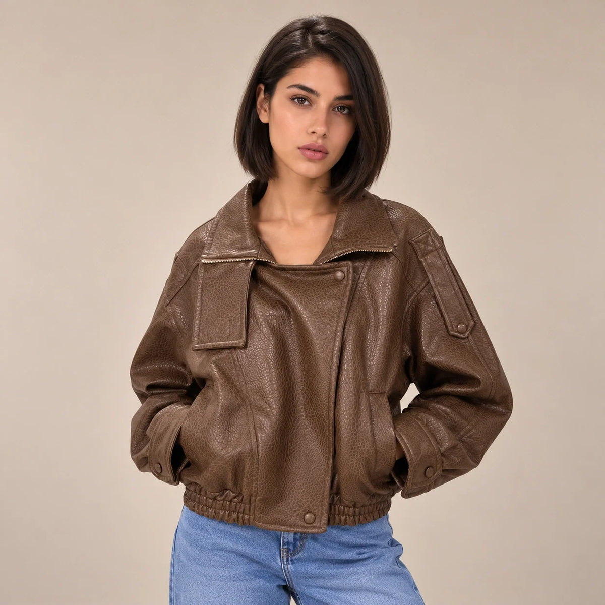 Textured Leather Bomber Jacket in Brown — ONE MORE