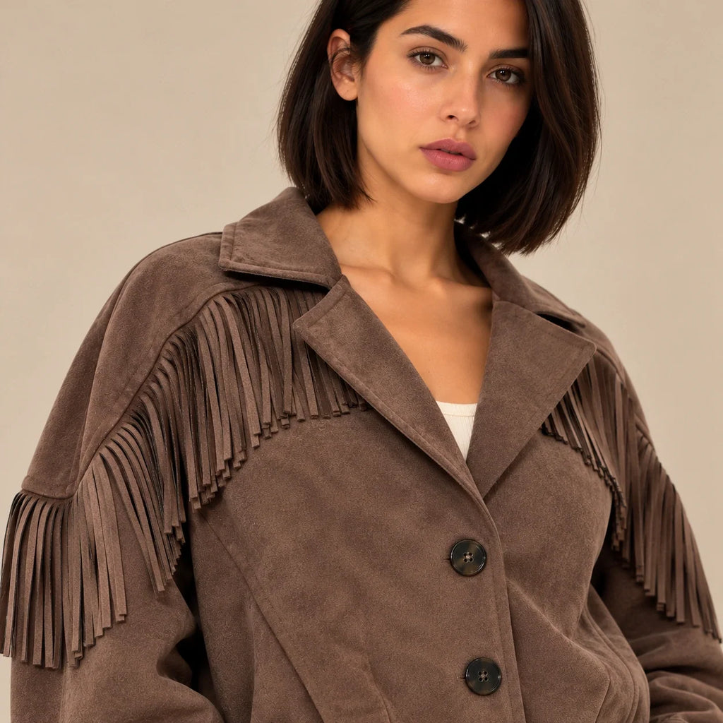 Fringed Suede Western Jacket in Chocolate — ONE MORE