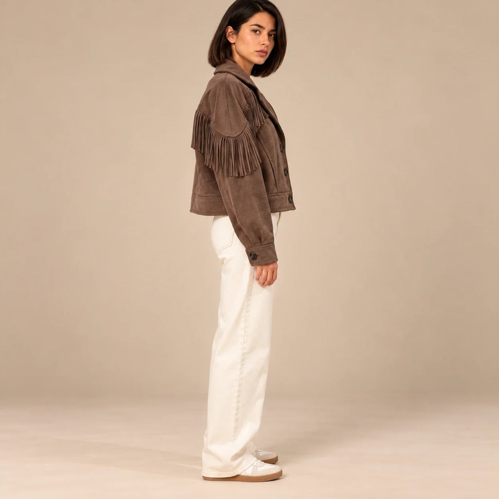 Fringed Suede Western Jacket in Chocolate — ONE MORE