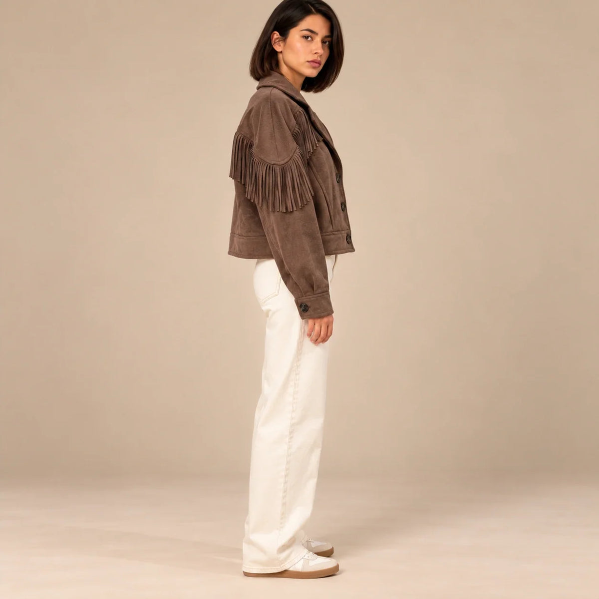 Fringed Suede Western Jacket in Chocolate — ONE MORE