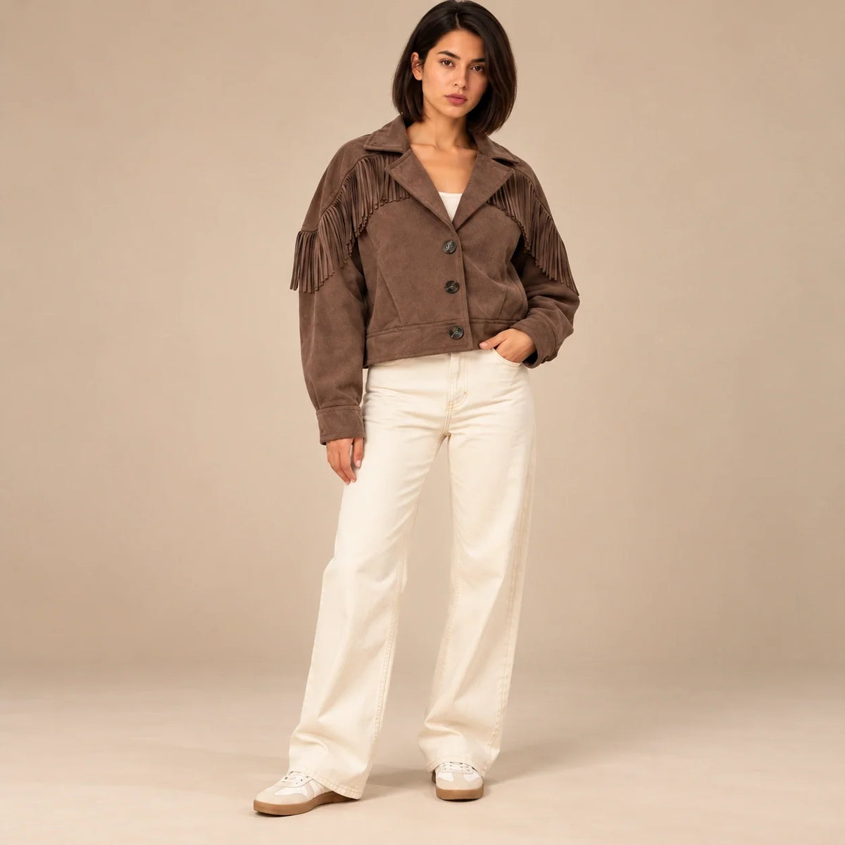 Fringed Suede Western Jacket in Chocolate — ONE MORE