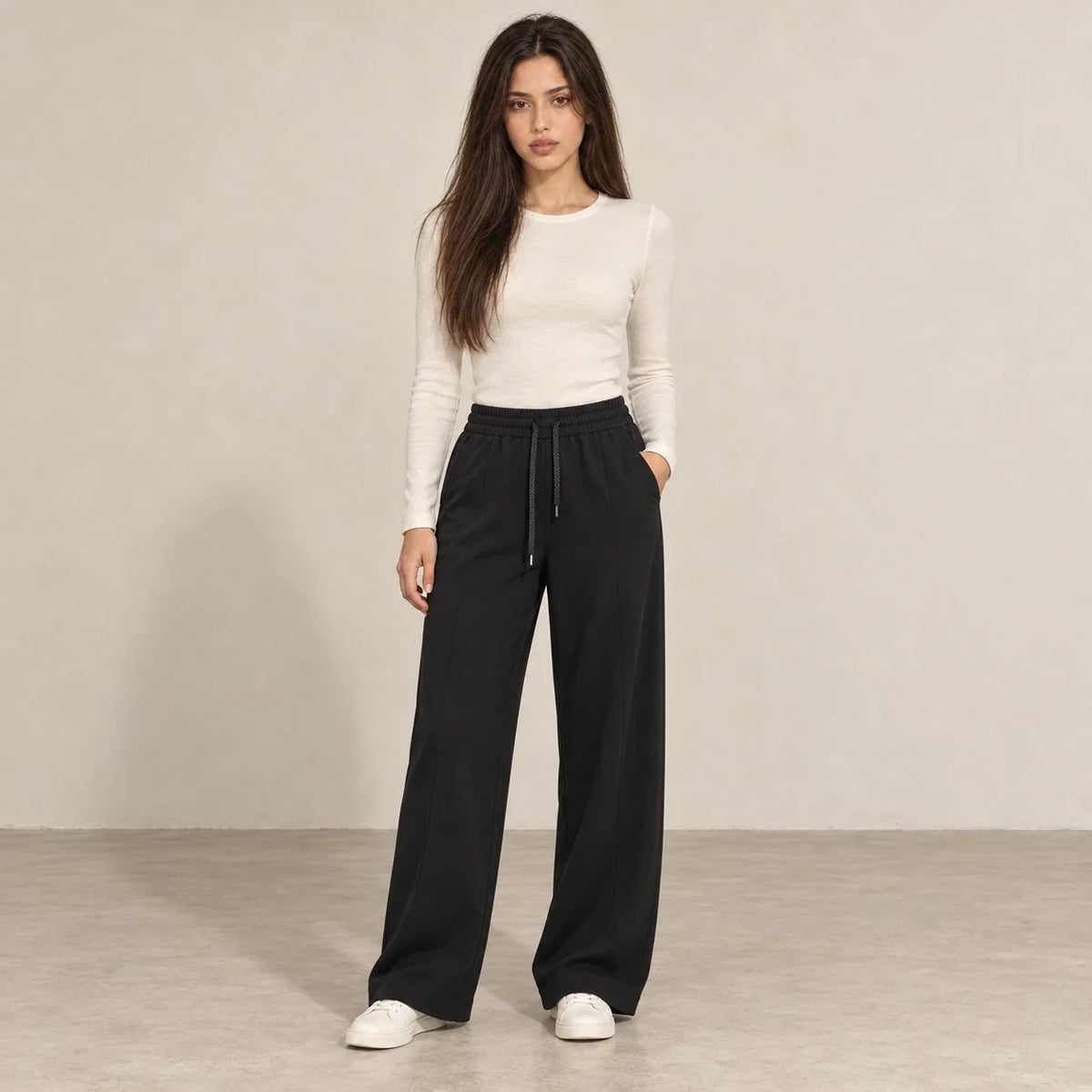 Pintuck Wide-Leg Joggers in Black — ONE MORE