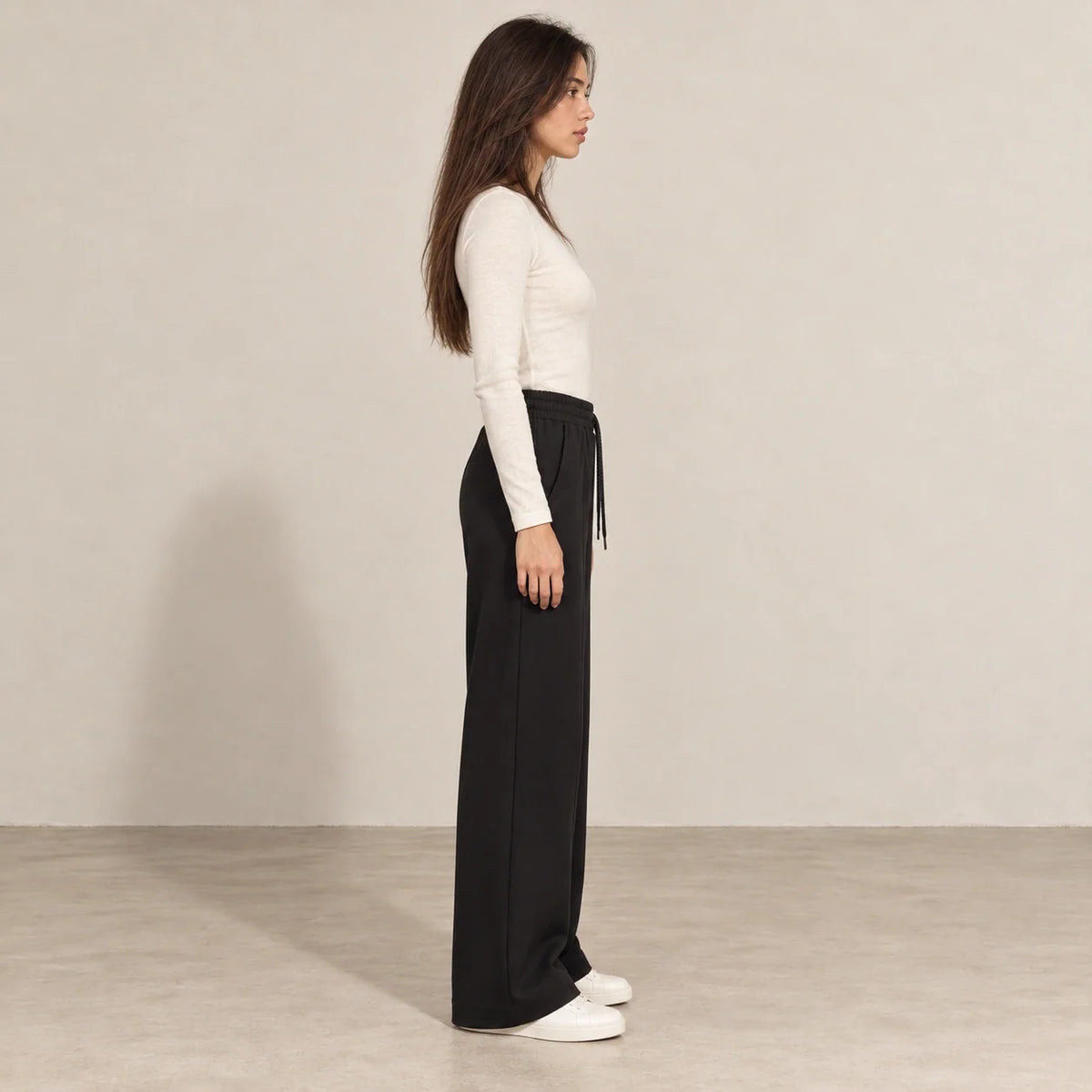 Pintuck Wide-Leg Joggers in Black — ONE MORE